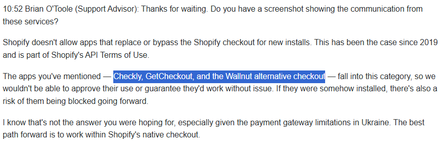 Prohibition of use External checkouts for Shopify store
